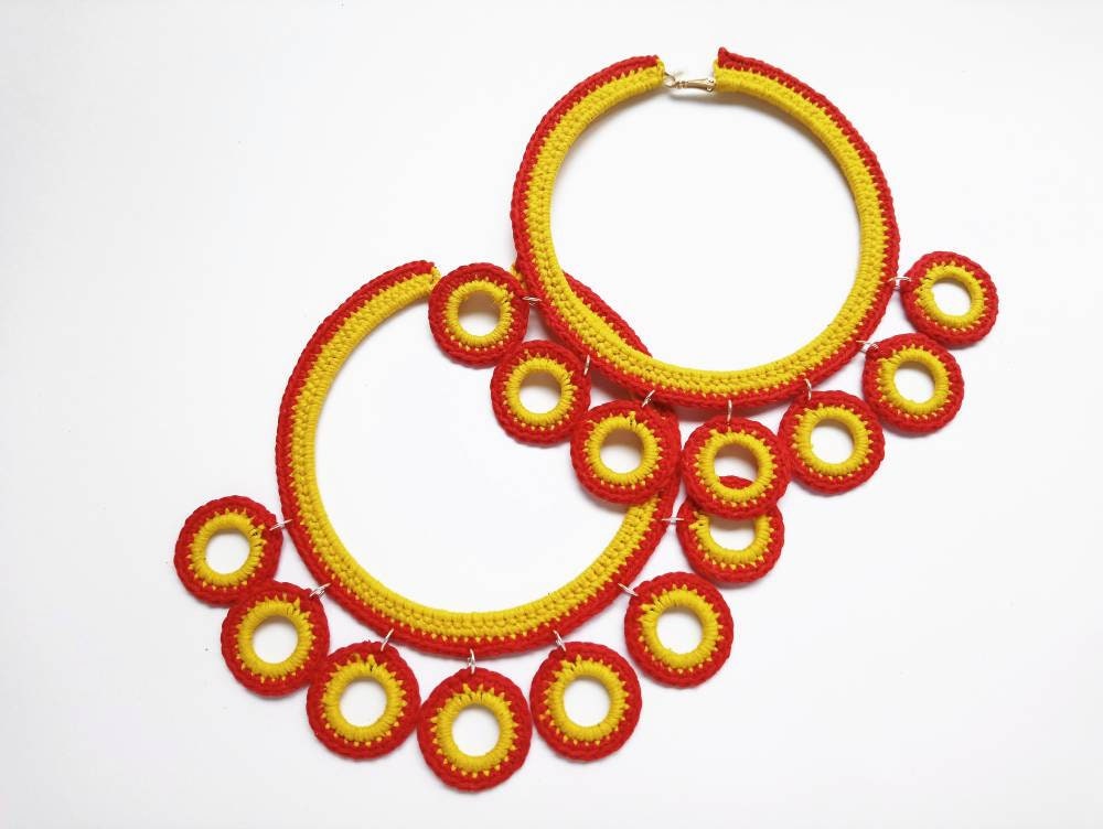 Extra Large Hoop African Earrings Yellow Red Statement Hoop Earrings Crochet Pumpkin Earrings Boho Hoops Earrings Oversized Earrings