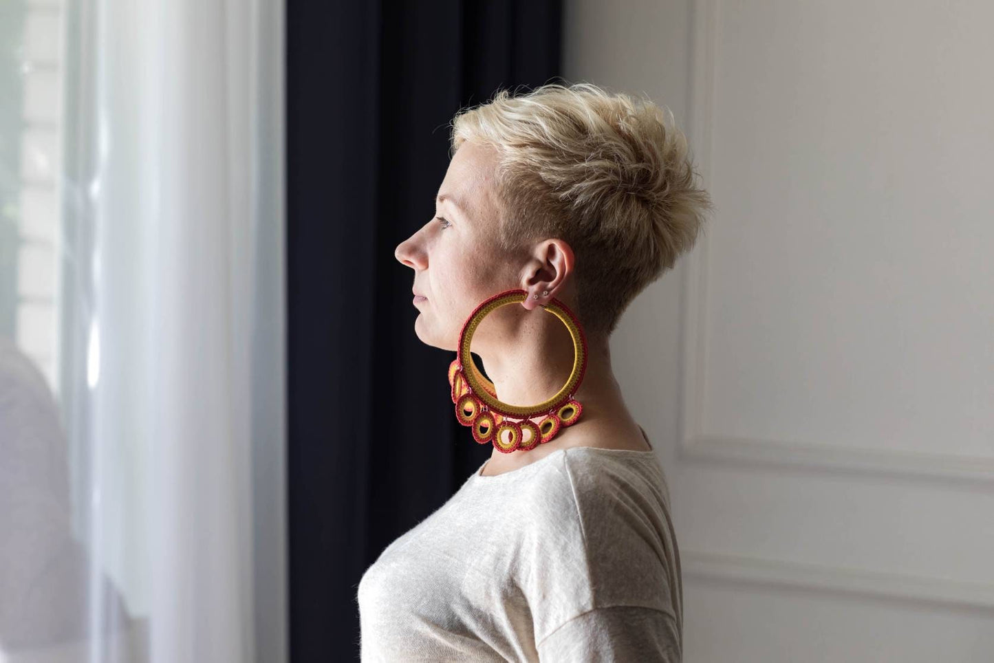 Extra Large Hoop African Earrings Yellow Red Statement Hoop Earrings Crochet Pumpkin Earrings Boho Hoops Earrings Oversized Earrings