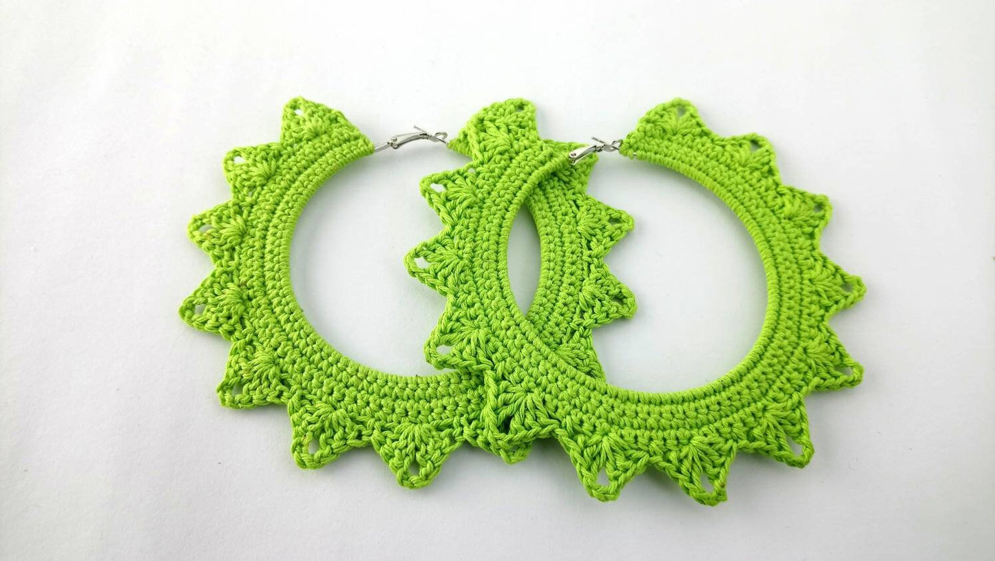 Light green Extra Large Hoop Earrings African Earrings Crochet Hoops Earrings Handmade Oversized Earrings