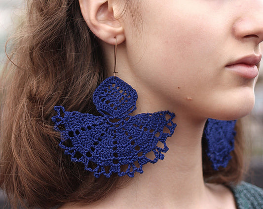 Half circle blue large dangle earrings Boho oversized royal blue lace earrings