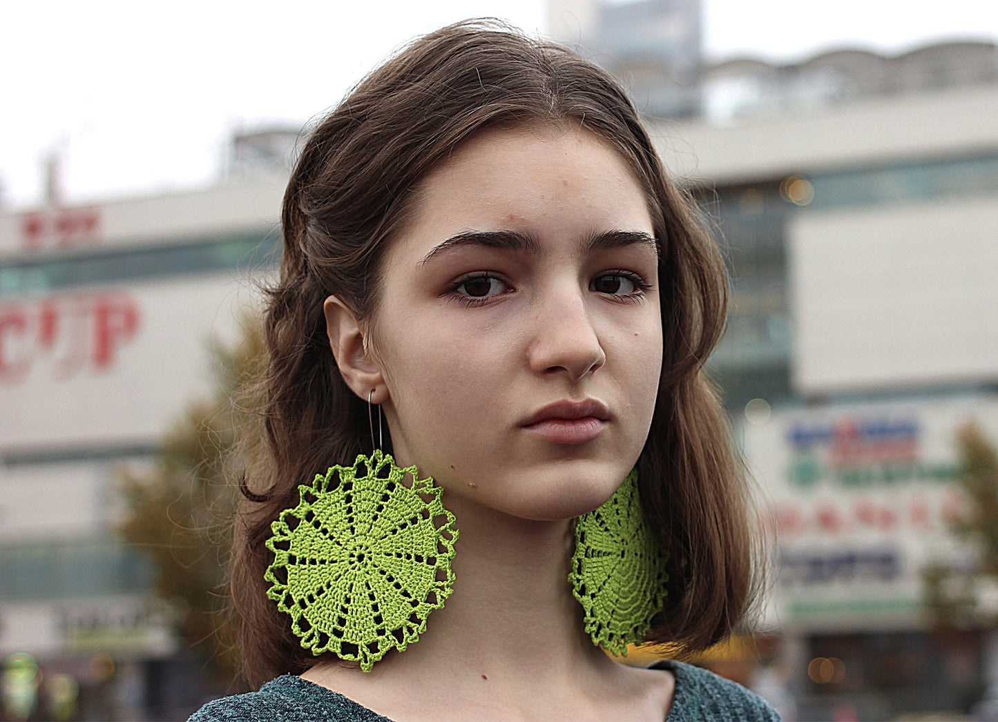 Green Circle Extra Large  Earrings Handmade Crochet Earring African  Earrings Bohemian Oversized Earrings