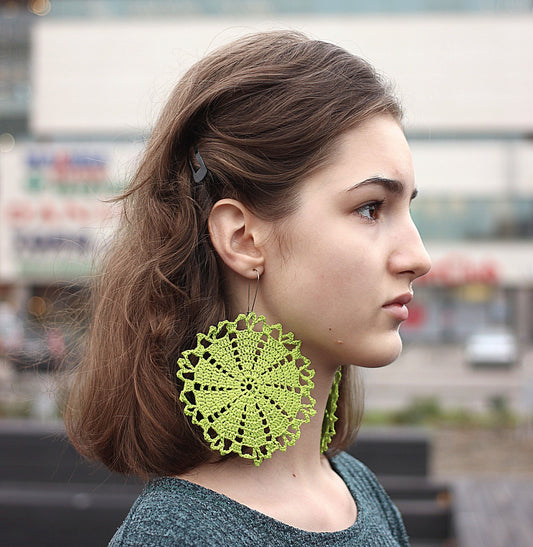 Green Circle Extra Large  Earrings Handmade Crochet Earring African  Earrings Bohemian Oversized Earrings