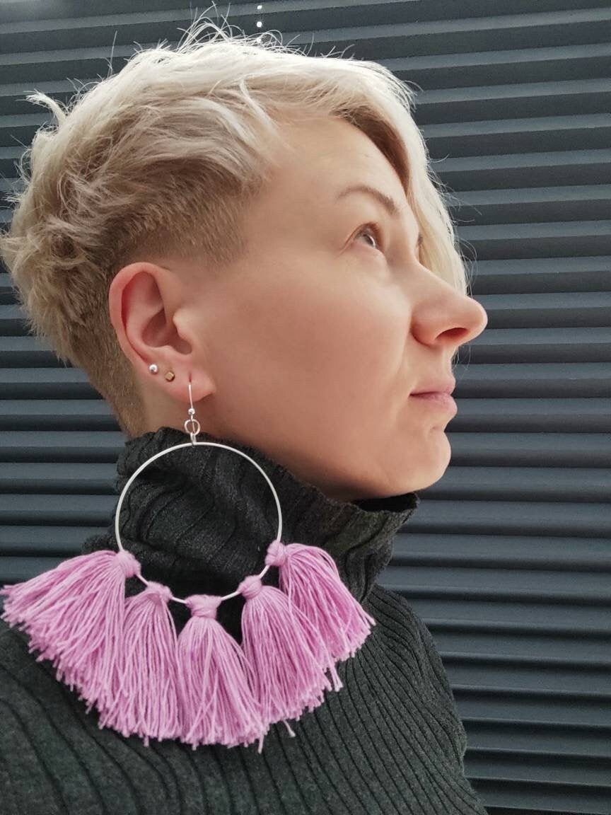 Circle earrings with pink tassels Silver hoop earrings with charms Easter Earrings Oversize Boho Earrings