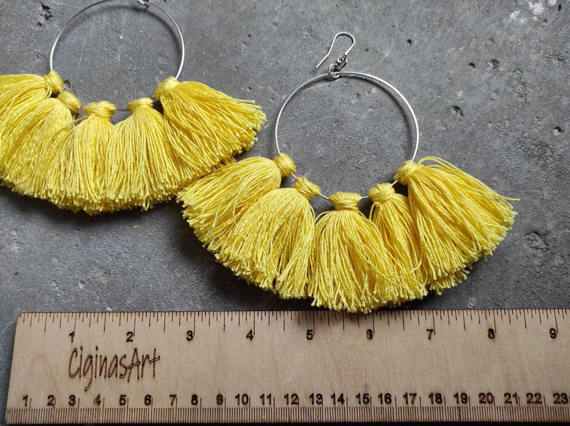 Silver earrings with yellow tassels Large hoop earrings with charms Easter Earrings Oversize Boho Earrings