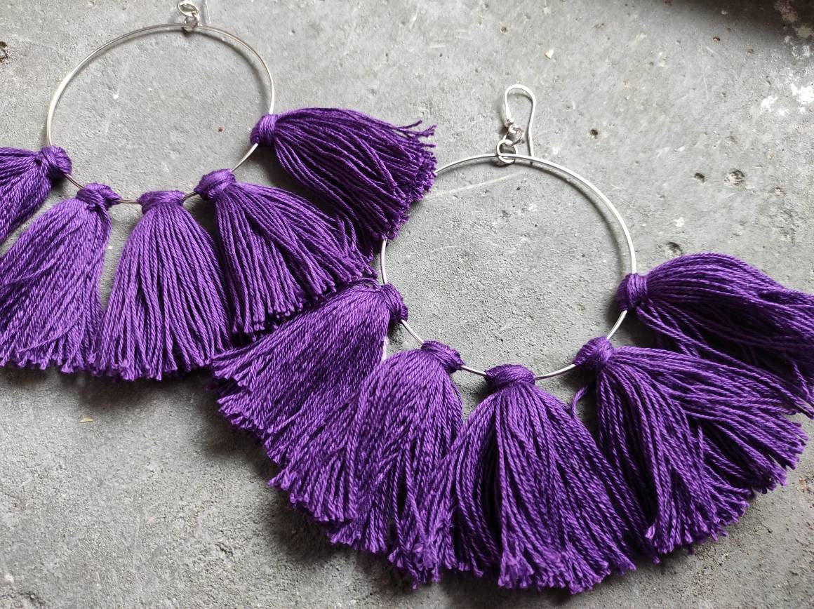 Purple tassels earrings Large hoop earrings with tassels charms Easter Earrings Oversize Boho fringe earrings Shredded Ankara earrings