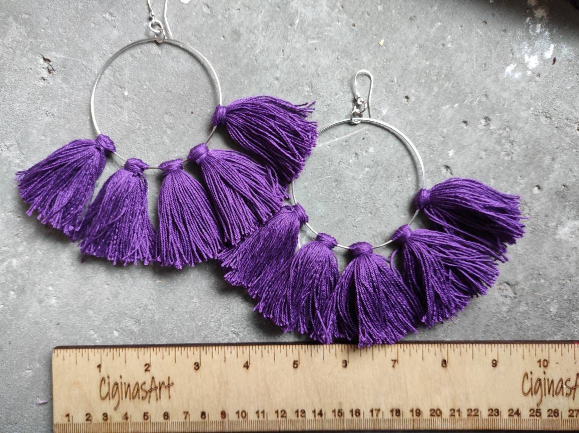 Purple tassels earrings Large hoop earrings with tassels charms Easter Earrings Oversize Boho fringe earrings Shredded Ankara earrings