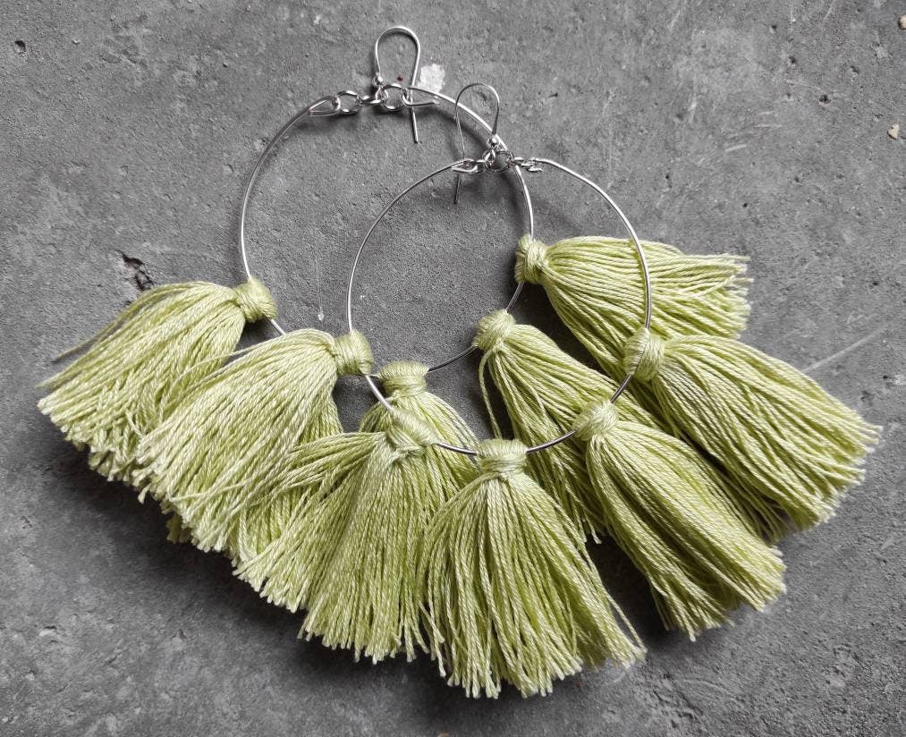 Light green tassels earrings Large hoop earrings with tassels charms Easter Earrings Oversize Boho fringe earrings