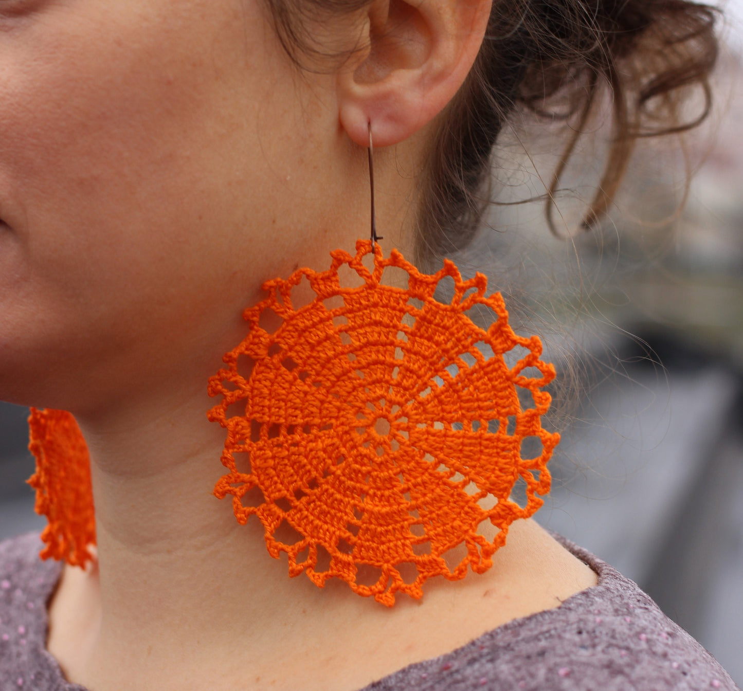 Orange large circle earrings Statement oversized round earrings