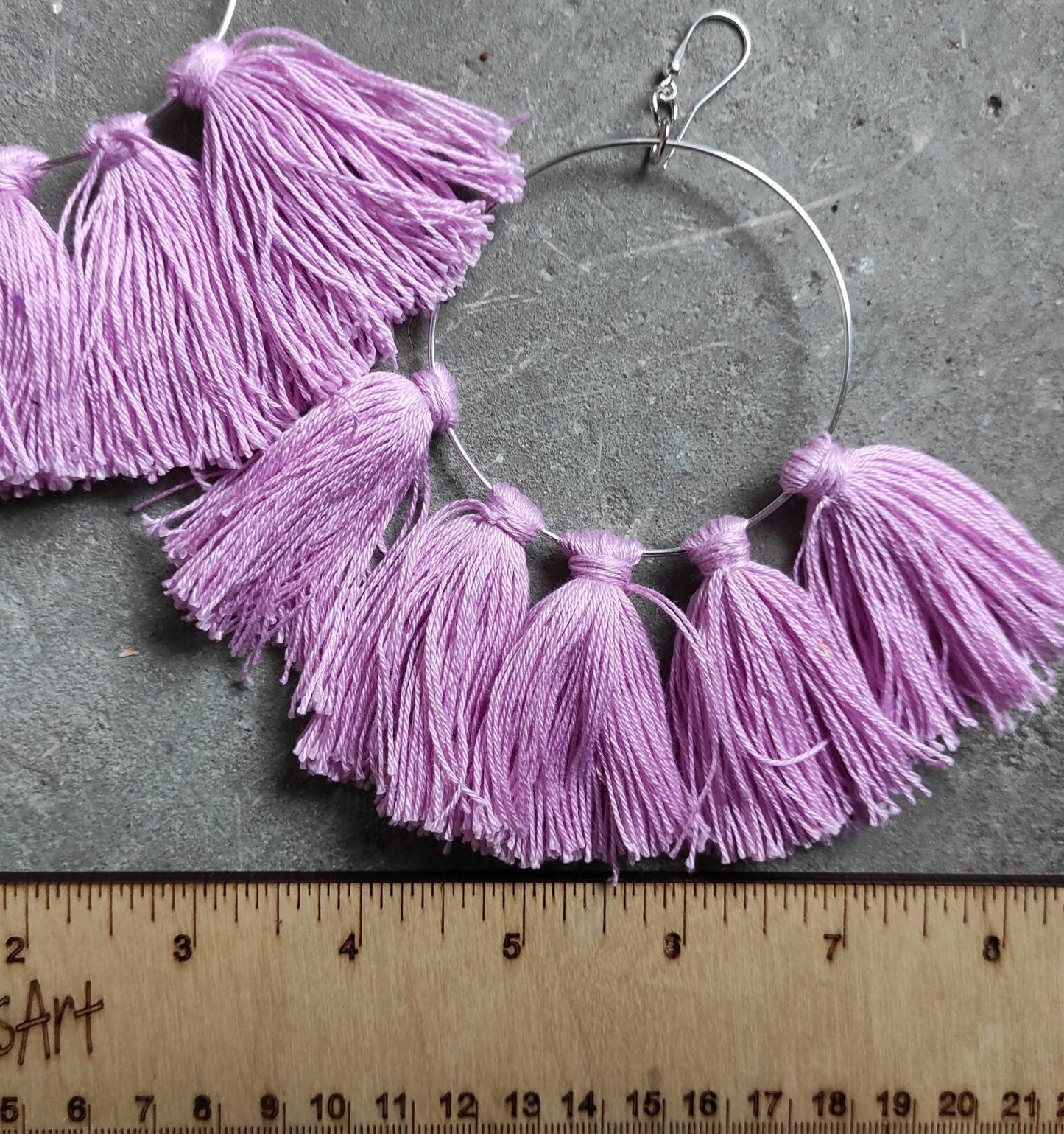 Circle earrings with pink tassels Silver hoop earrings with charms Easter Earrings Oversize Boho Earrings