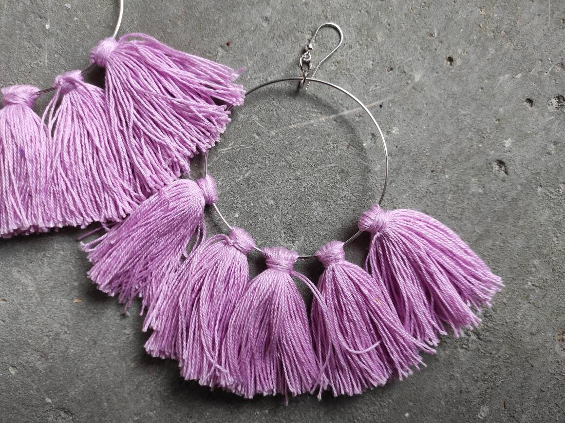 Circle earrings with pink tassels Silver hoop earrings with charms Easter Earrings Oversize Boho Earrings