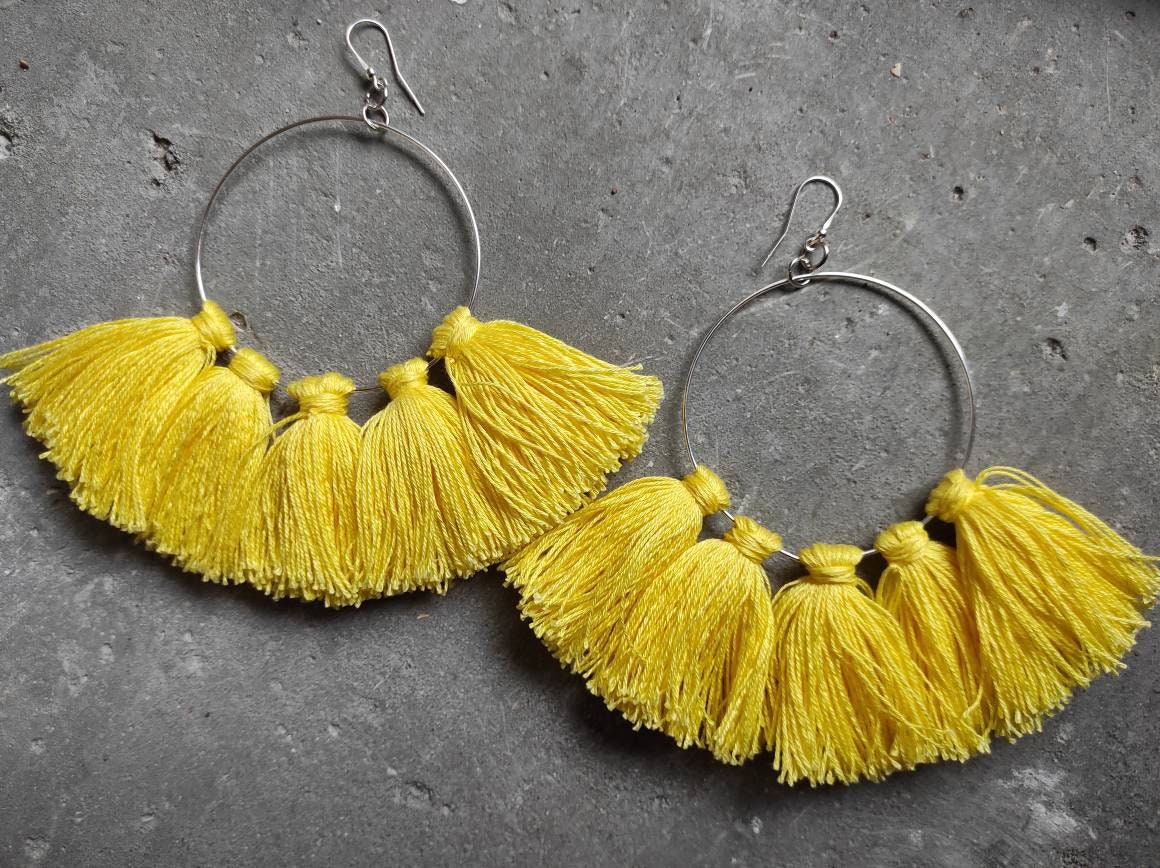 Silver earrings with yellow tassels Large hoop earrings with charms Easter Earrings Oversize Boho Earrings