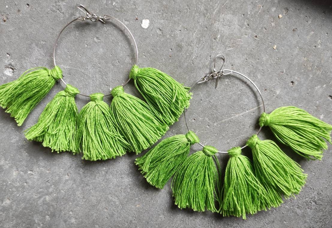 Juicy green tassels earrings Large hoop earrings with tassels charms Easter Earrings Oversize Boho fringe earrings