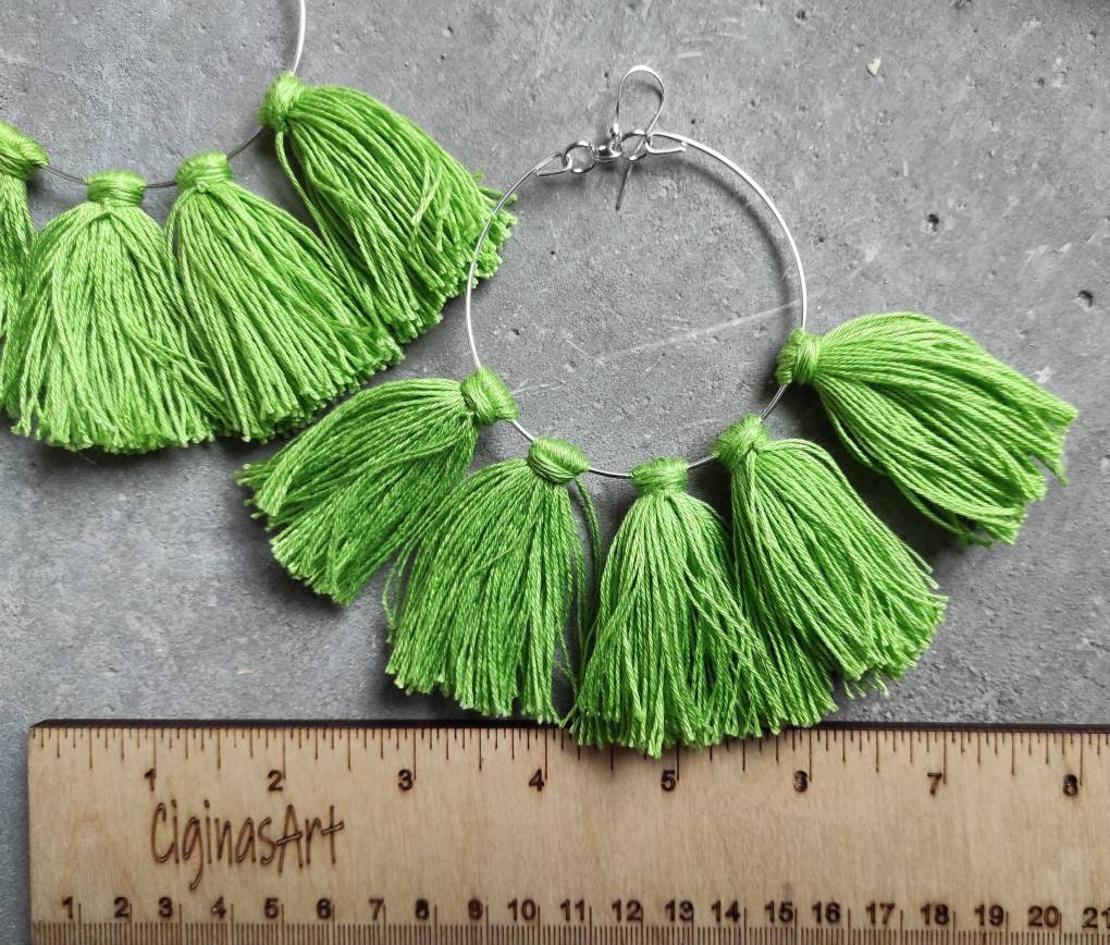 Juicy green tassels earrings Large hoop earrings with tassels charms Easter Earrings Oversize Boho fringe earrings