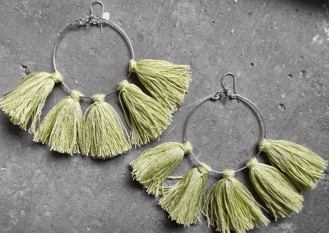 Light green tassels earrings Large hoop earrings with tassels charms Easter Earrings Oversize Boho fringe earrings