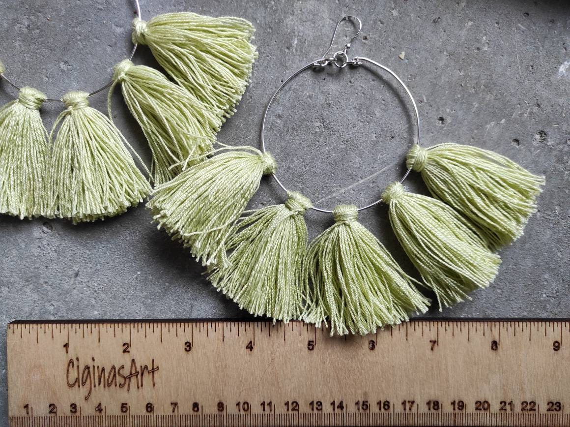 Light green tassels earrings Large hoop earrings with tassels charms Easter Earrings Oversize Boho fringe earrings