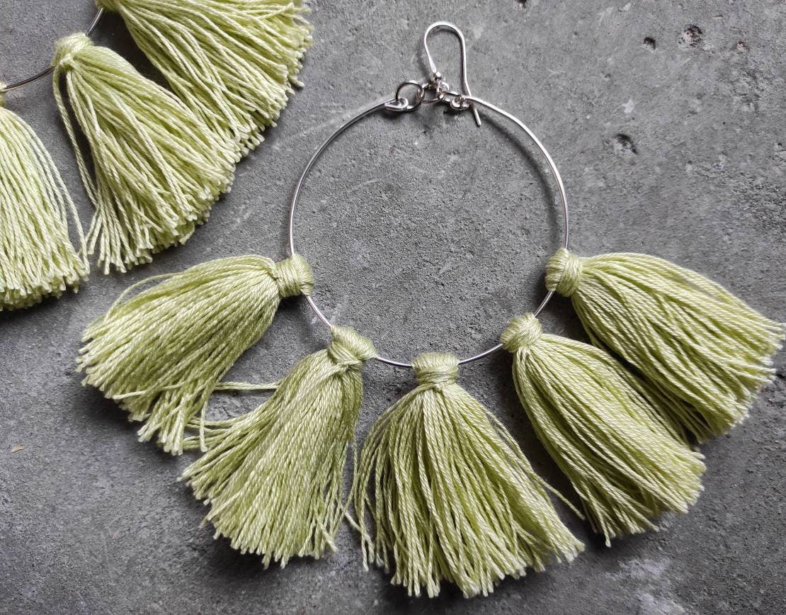 Light green tassels earrings Large hoop earrings with tassels charms Easter Earrings Oversize Boho fringe earrings