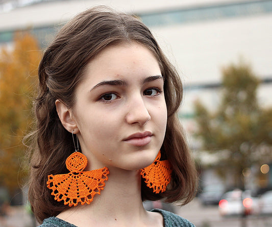 Orange Extra Large Earrings Handmade Crochet Pumpkin  Earrings African  Earrings Bohemian Oversized Earrings