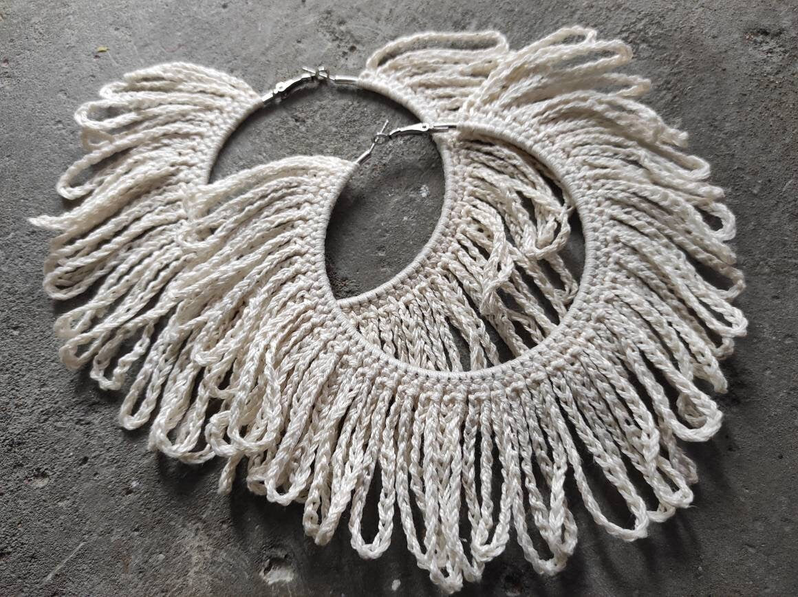 White huge fringe hoop earrings African bridal statement tassels earrings Oversized earrings