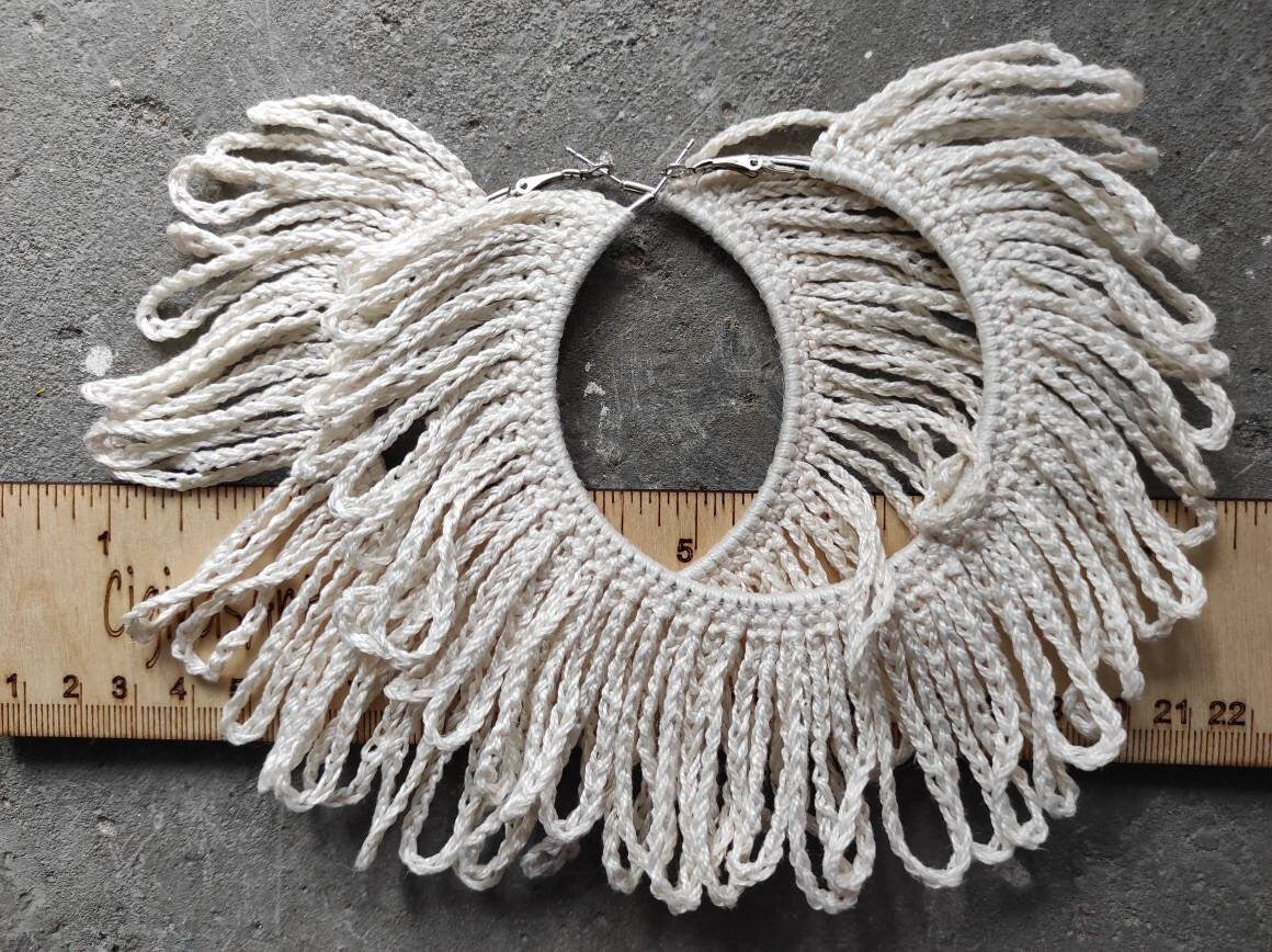 White huge fringe hoop earrings African bridal statement tassels earrings Oversized earrings