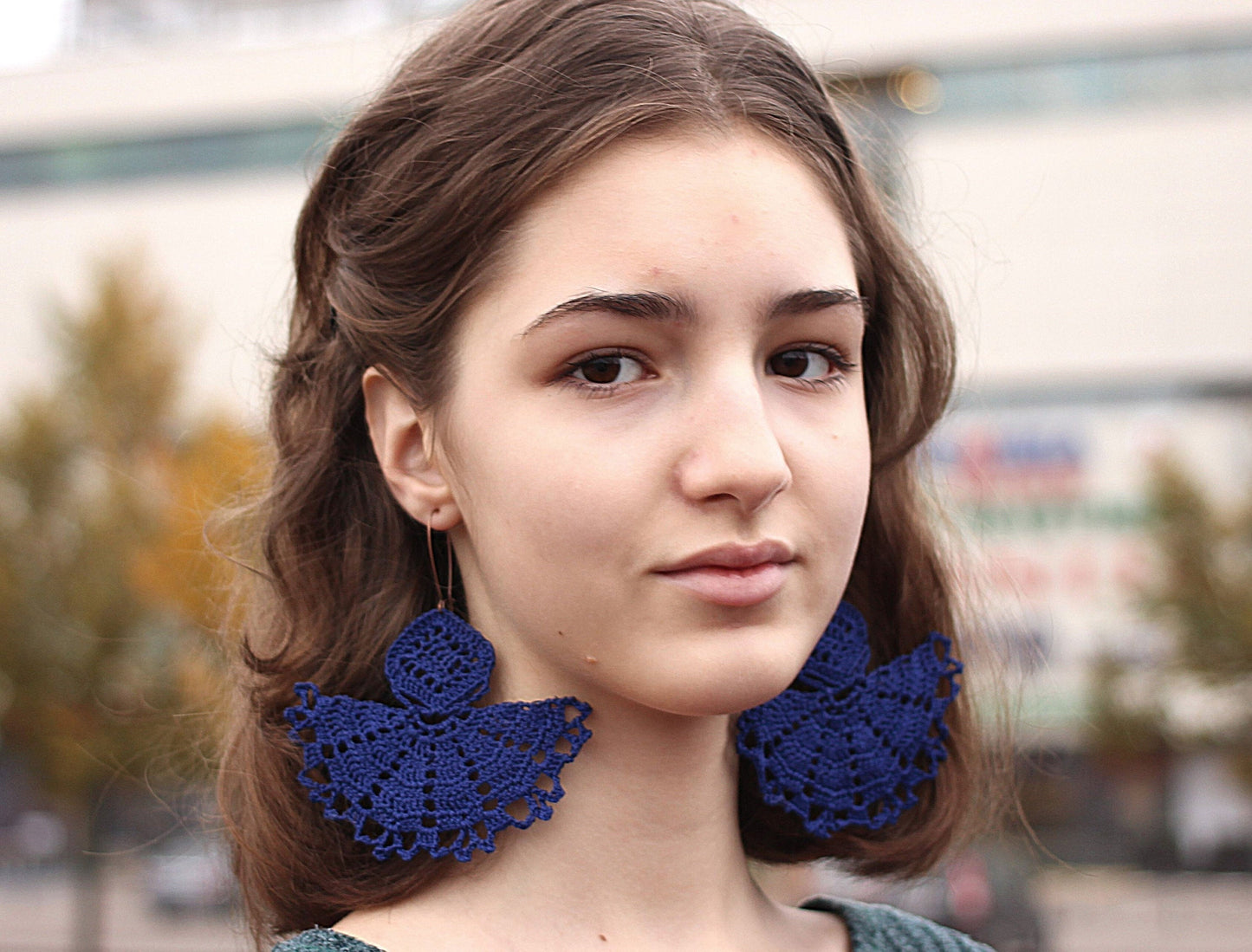 Half circle blue large dangle earrings Boho oversized royal blue lace earrings