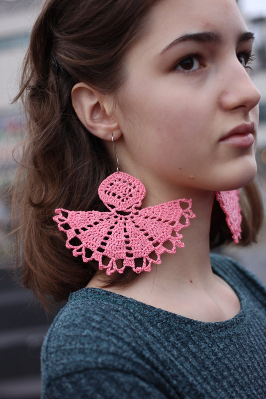 Half circle pinc large dangle earrings Boho oversized rose lace earrings