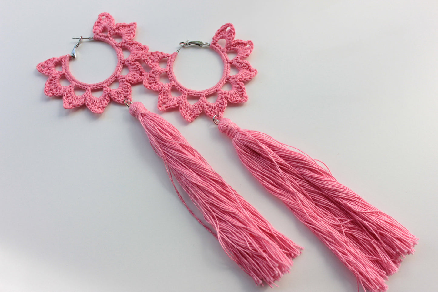 Pink floral hoop earrings with long tassels Statement hoop earrings with charm