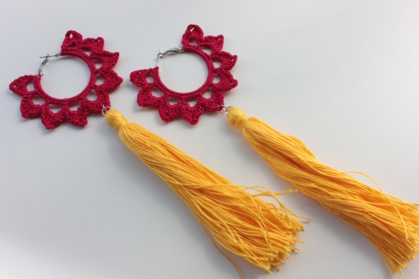 red yellow floral hoop earrings with long tassels Statement hoop earrings with charm