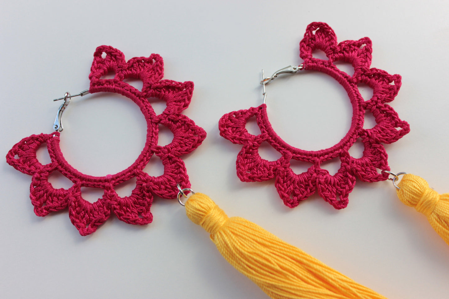 red yellow floral hoop earrings with long tassels Statement hoop earrings with charm