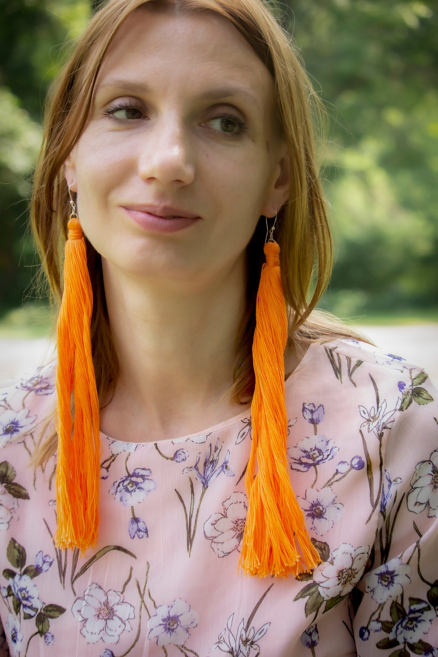 Orange 10-inch length tassels earrings Statement tassels earrings Extra long drop earrings