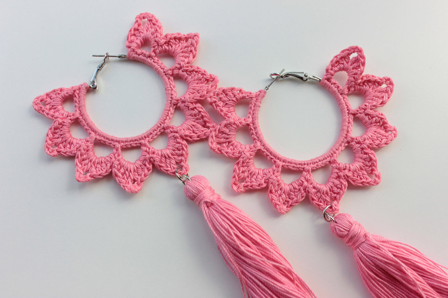 Pink floral hoop earrings with long tassels Statement hoop earrings with charm