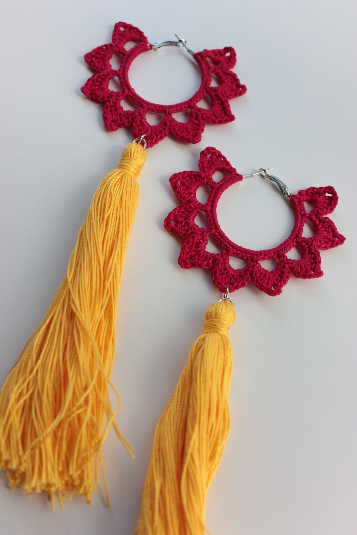 red yellow floral hoop earrings with long tassels Statement hoop earrings with charm