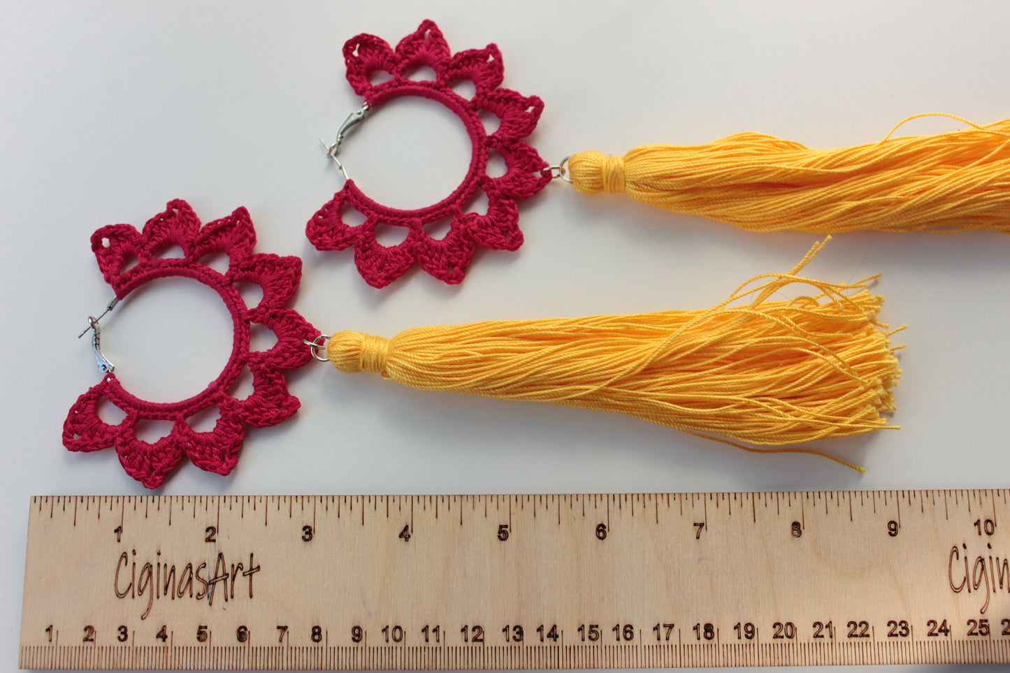 red yellow floral hoop earrings with long tassels Statement hoop earrings with charm