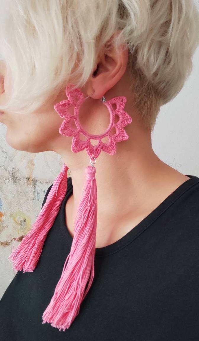 Pink floral hoop earrings with long tassels Statement hoop earrings with charm