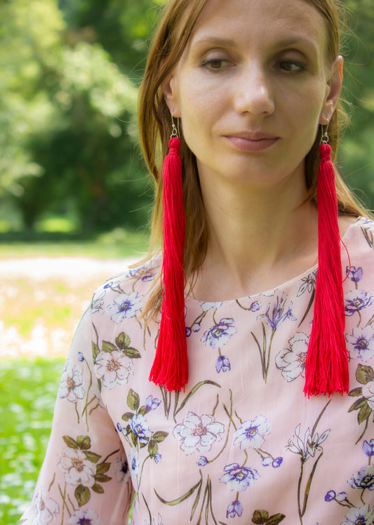 Red 10-inch length tassels earrings Statement tassels earrings Extra long drop earrings