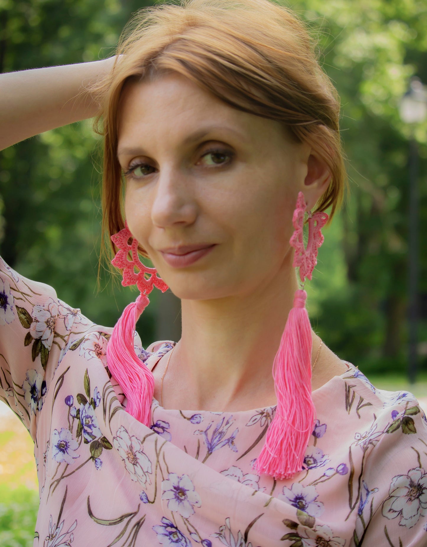 Pink floral hoop earrings with long tassels Statement hoop earrings with charm