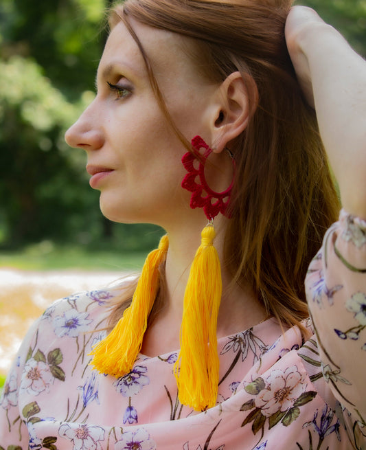 red yellow floral hoop earrings with long tassels Statement hoop earrings with charm