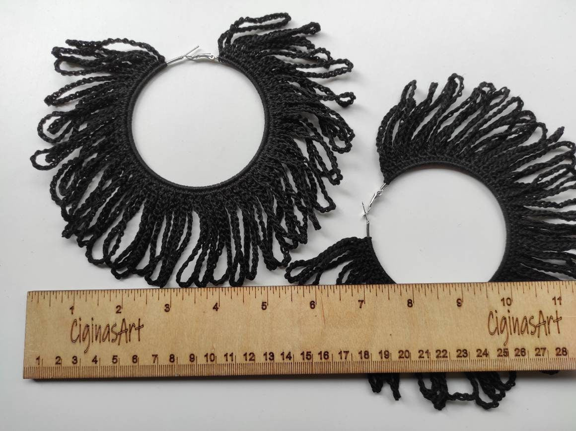 Huge black fringe earrings Statement black hoop earrings Black large Halloween earrings