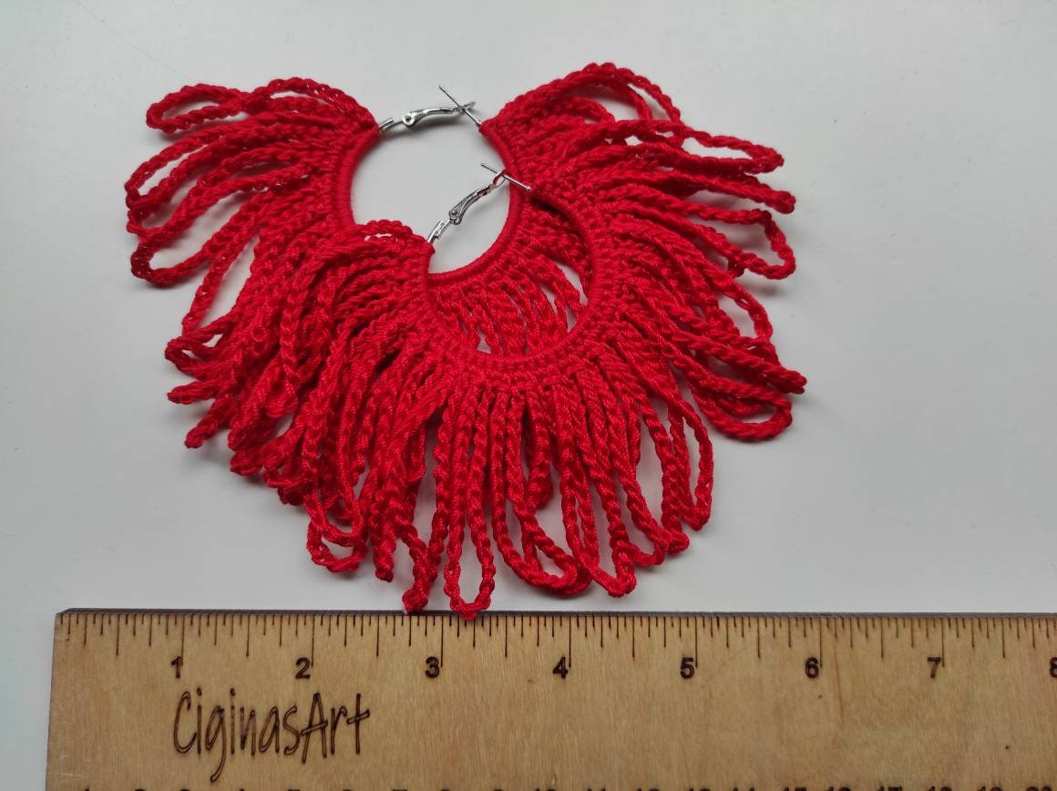 Red fringe hoop earrings African statement feather earrings Oversized Ankara shredered earrings