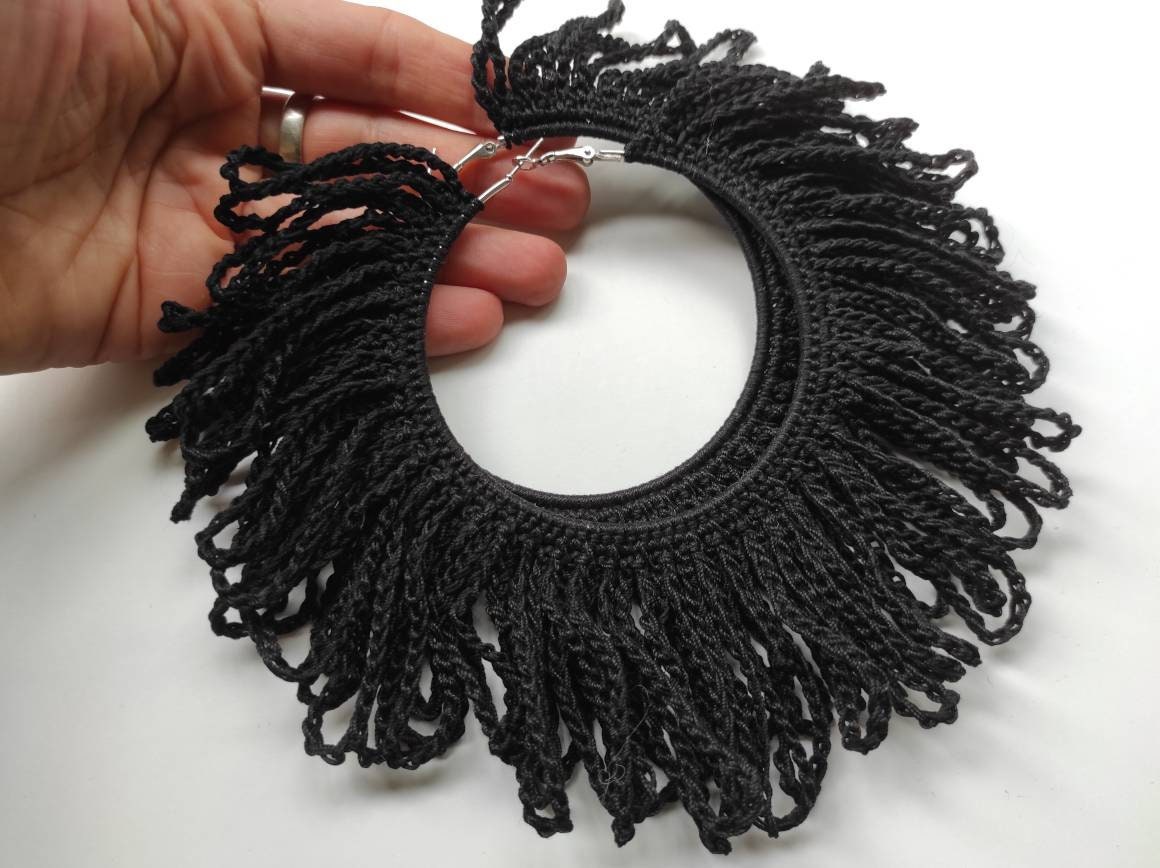 Huge black fringe earrings Statement black hoop earrings Black large Halloween earrings