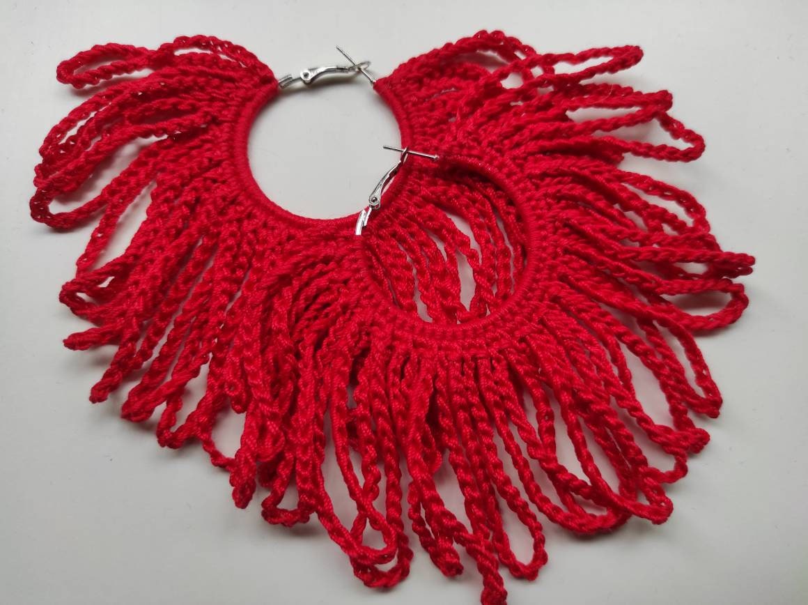 Red fringe hoop earrings African statement feather earrings Oversized Ankara shredered earrings