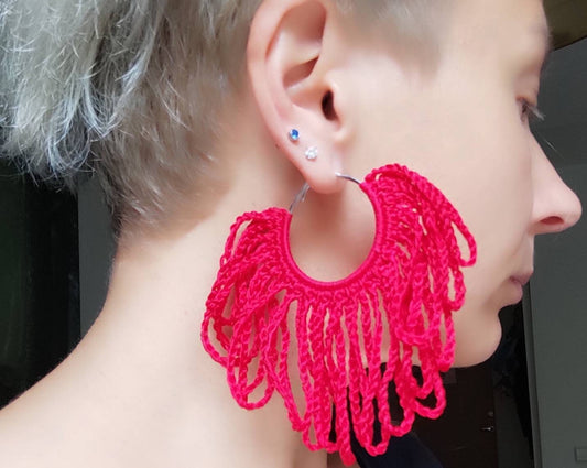 Red fringe hoop earrings African statement feather earrings Oversized Ankara shredered earrings