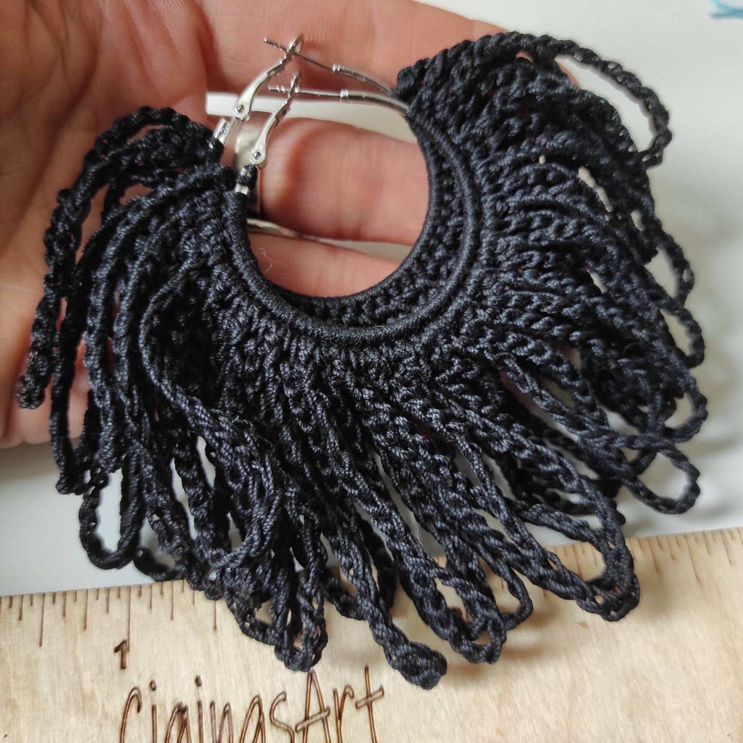 Huge black fringe earrings Statement black hoop earrings Black large Halloween earrings