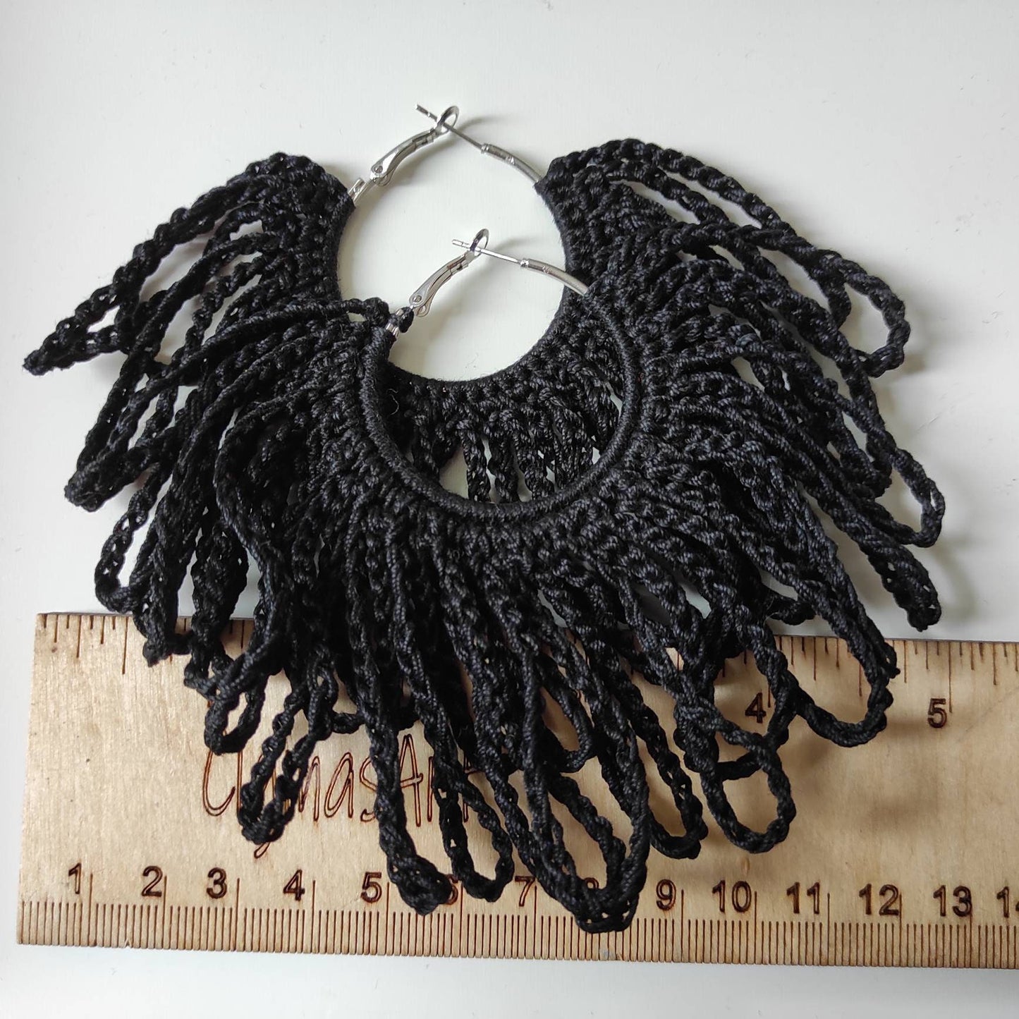 Huge black fringe earrings Statement black hoop earrings Black large Halloween earrings