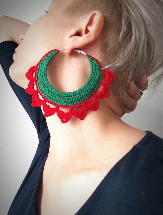 Green red oval large hoop earrings for woman Oversized African floral hoop earrings Watermelon earrings Sunflower earrings