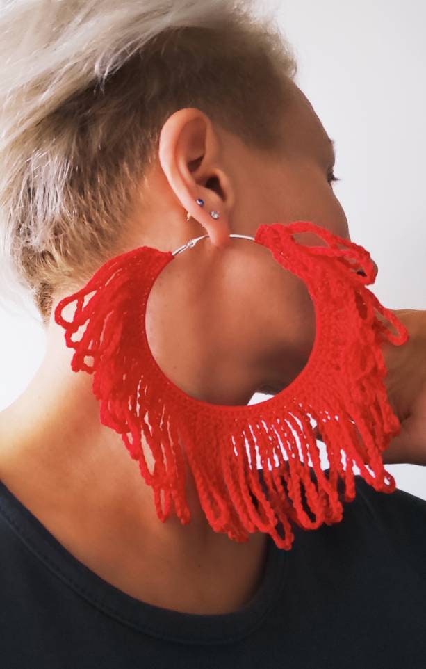 Red fringe hoop earrings African statement feather earrings Oversized Ankara shredered earrings