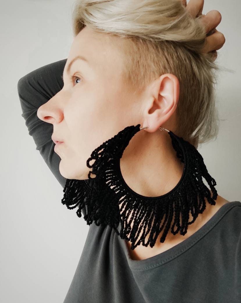 Huge black fringe earrings Statement black hoop earrings Black large Halloween earrings