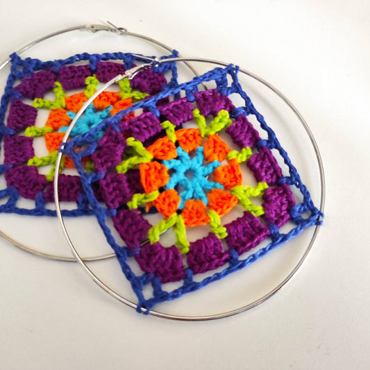 Granny square hoop earrings Oversized statement colorful earrings