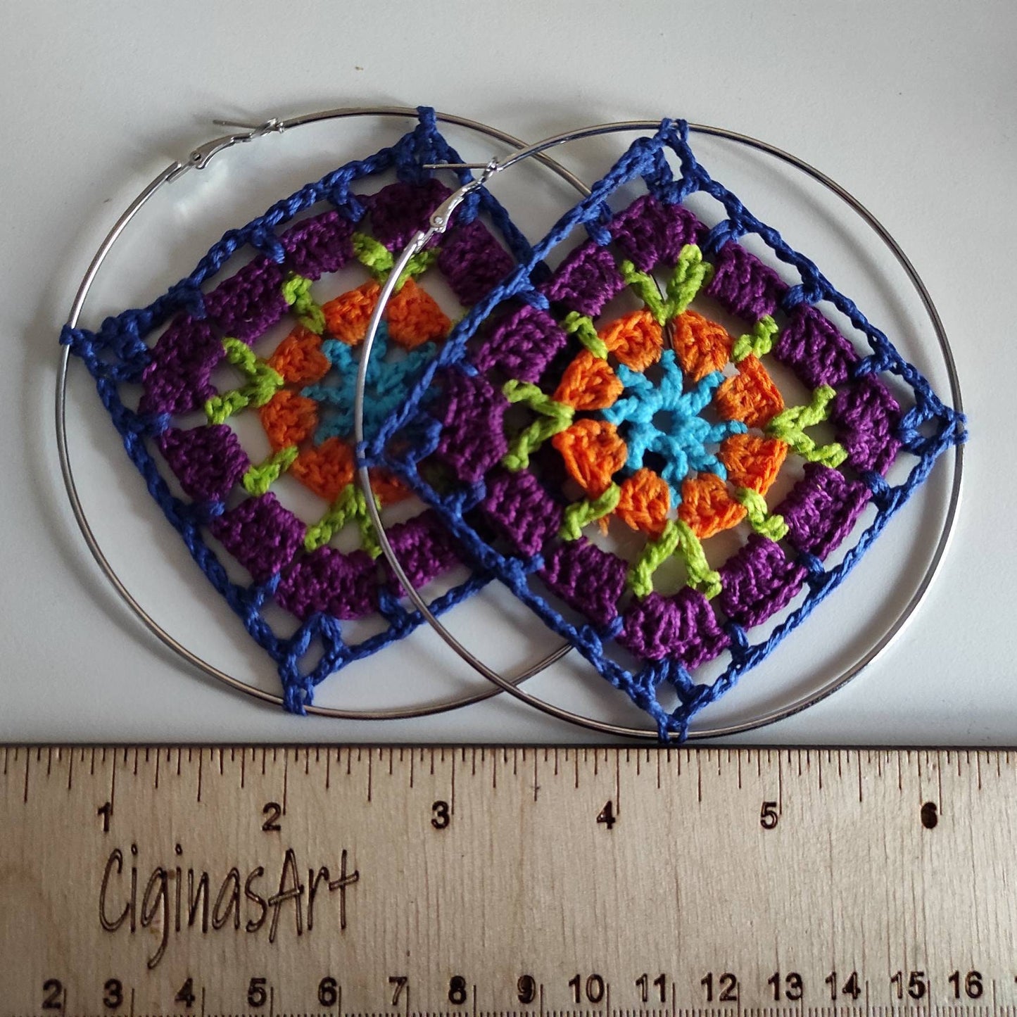 Granny square hoop earrings Oversized statement colorful earrings