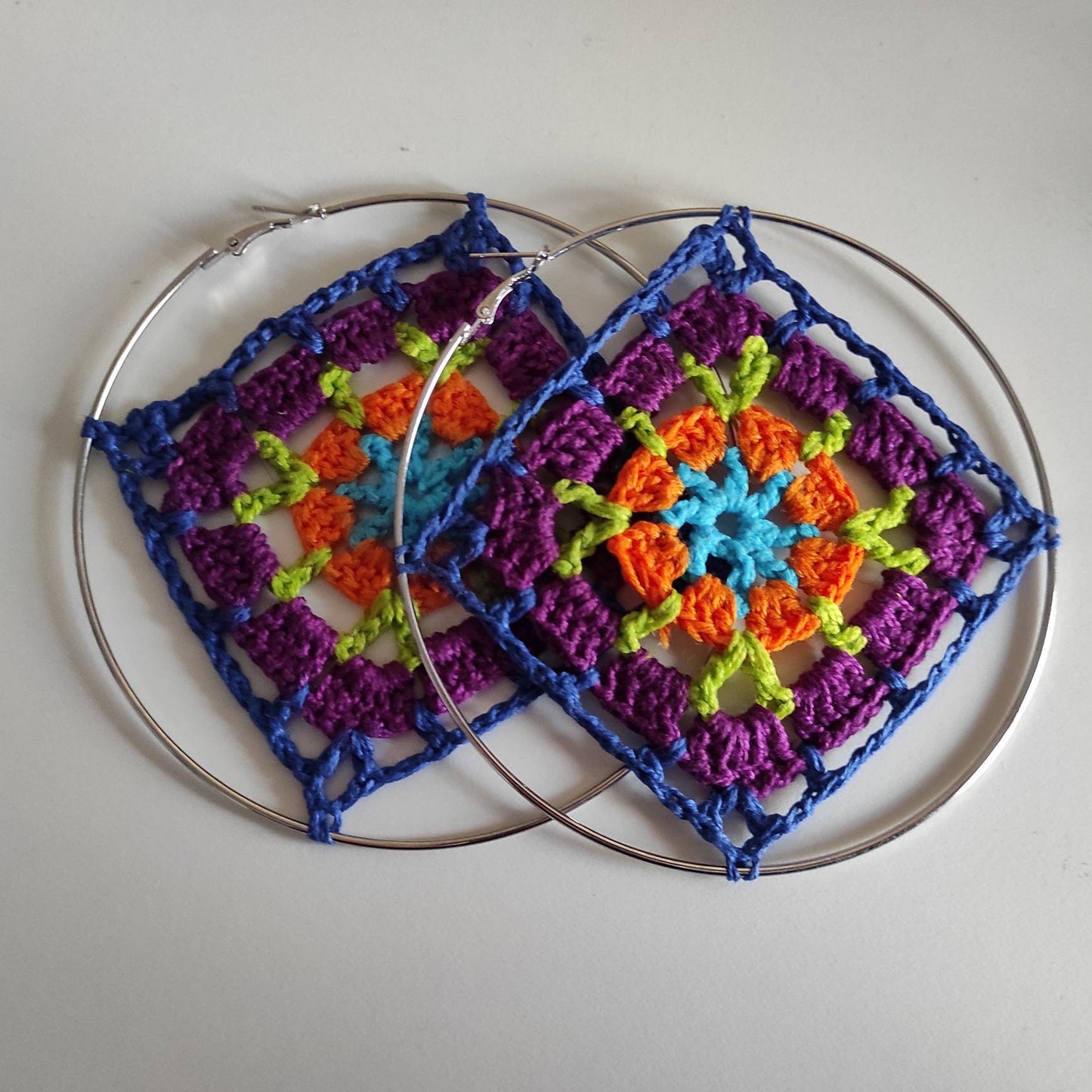 Granny square hoop earrings Oversized statement colorful earrings