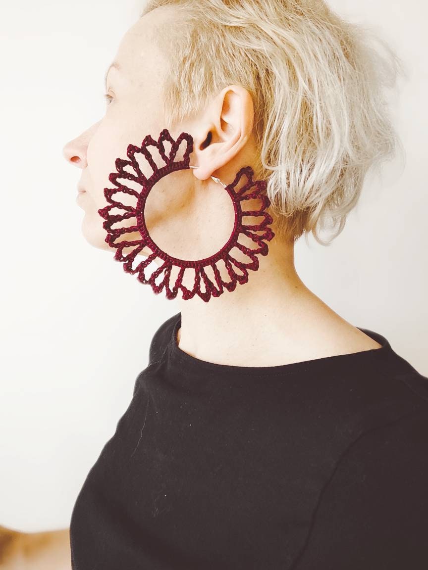 Large red wine statement hoop earrings Red large hoop earrings Oversized earrings for woman Gift for her